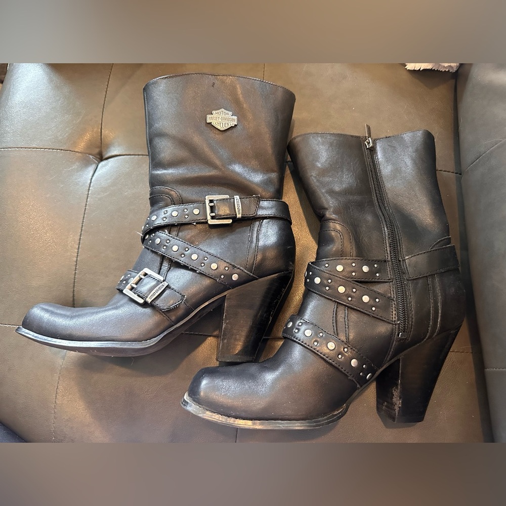 Harley-Davidson Black Leather Motorcycle Boots with Buckles